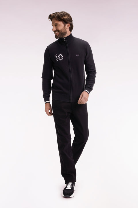 Cardigan zippé en coton marine broderie 10 noir coupe droite - Image 3