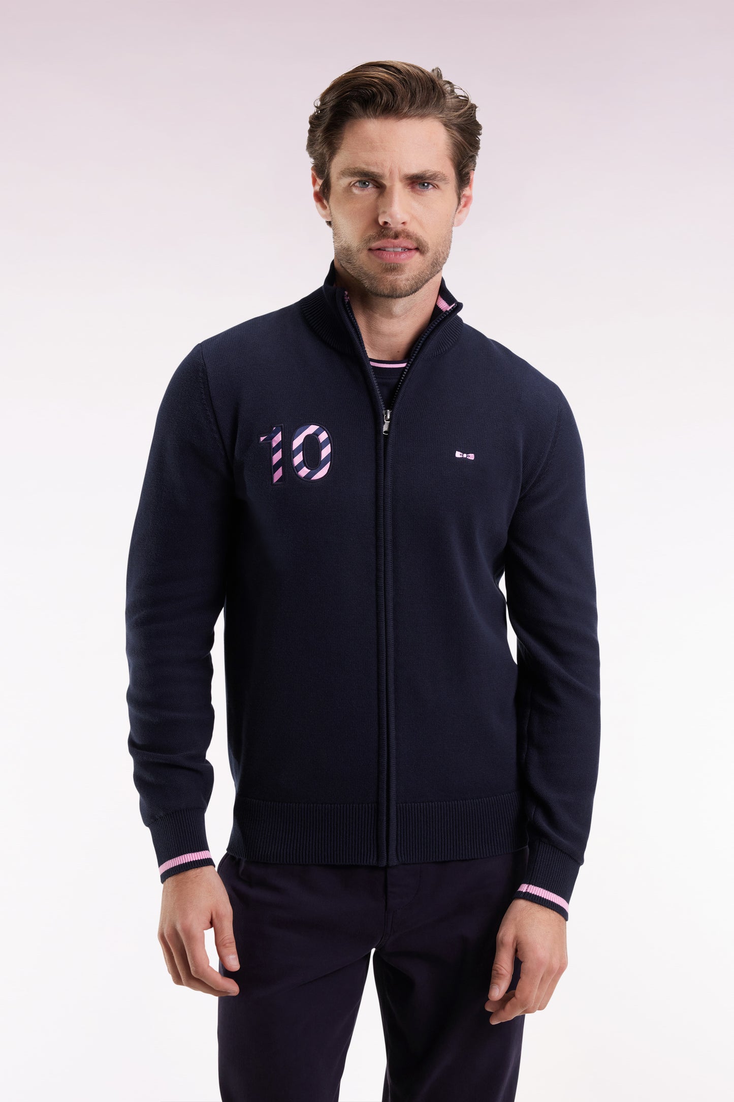 Cardigan zippé en coton marine broderie 10 marine coupe droite