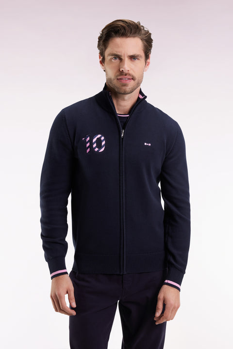 Cardigan zippé en coton marine broderie 10 marine coupe droite - Image 3