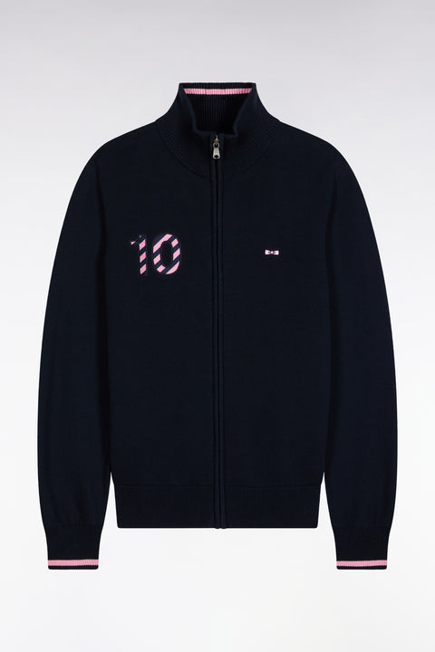 Cardigan zippé en coton marine broderie 10 marine coupe droite - Image 2