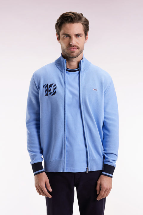 Cardigan zippé en coton marine broderie 10 ciel coupe droite - Image 1