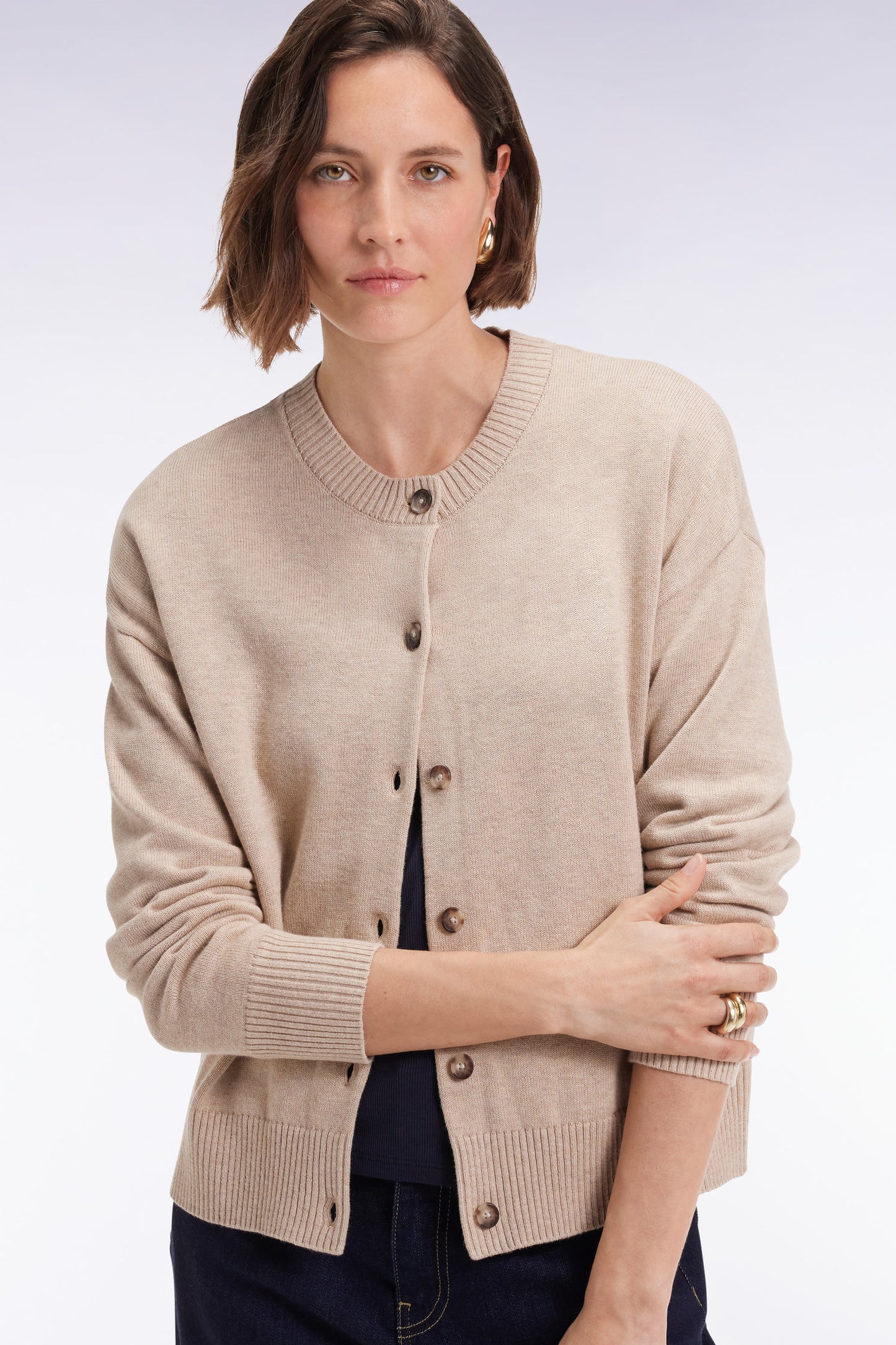 Cardigan en laine et coton beige coupe Relaxed