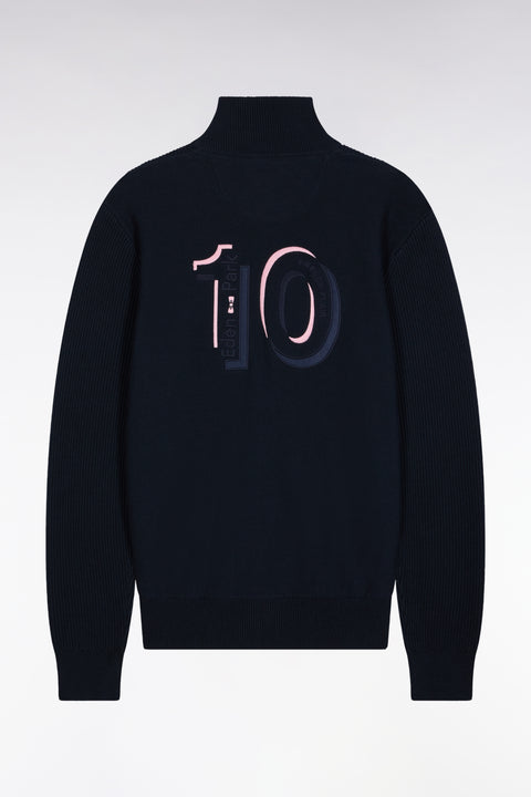 Cardigan zippé en coton marine à rayures roses coupe droite - Image 2