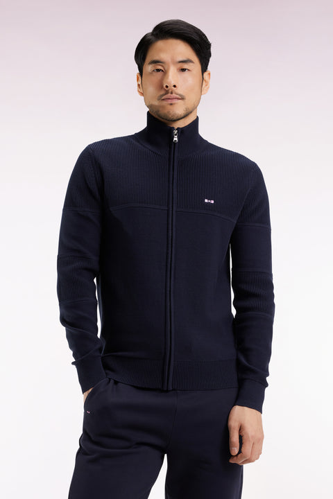 Cardigan zippé en coton marine broderie dos ciel - Image 1