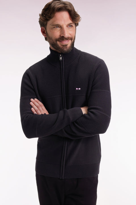 Zipped cardigan in black cotton with back embroidery - Image 1