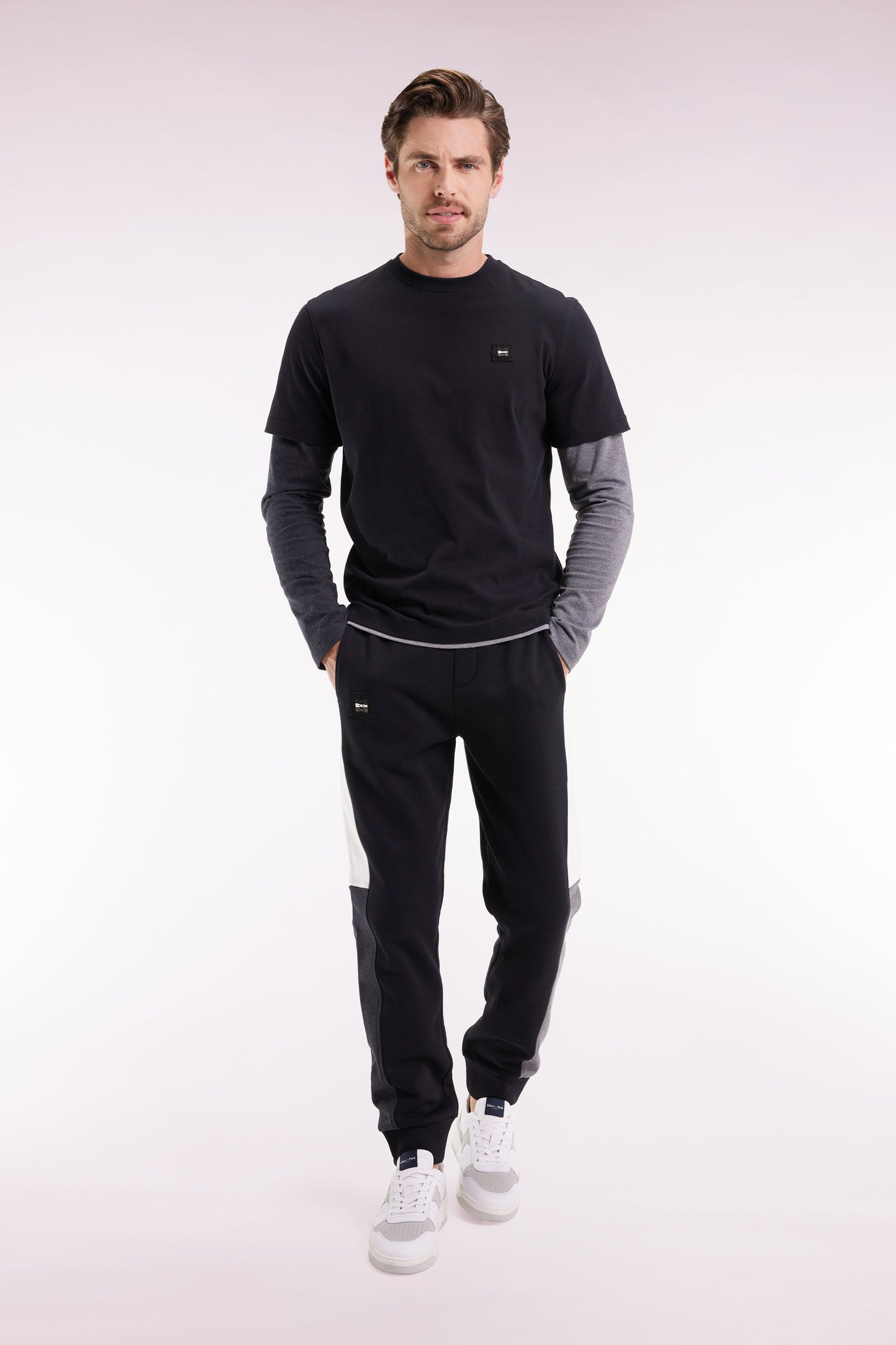 Jogging en molleton gratté noir colorblock coupe droite