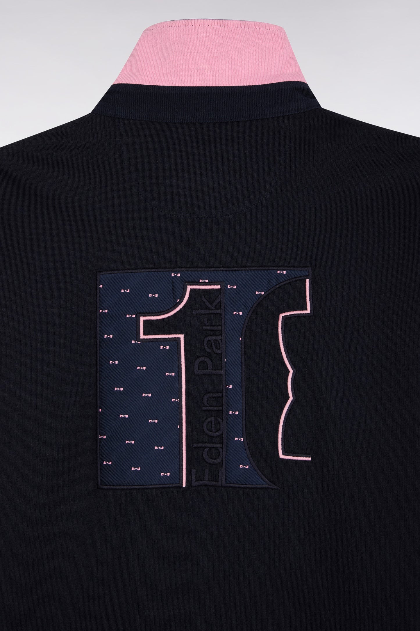 Short-sleeved jersey in navy cotton with pink sleeves