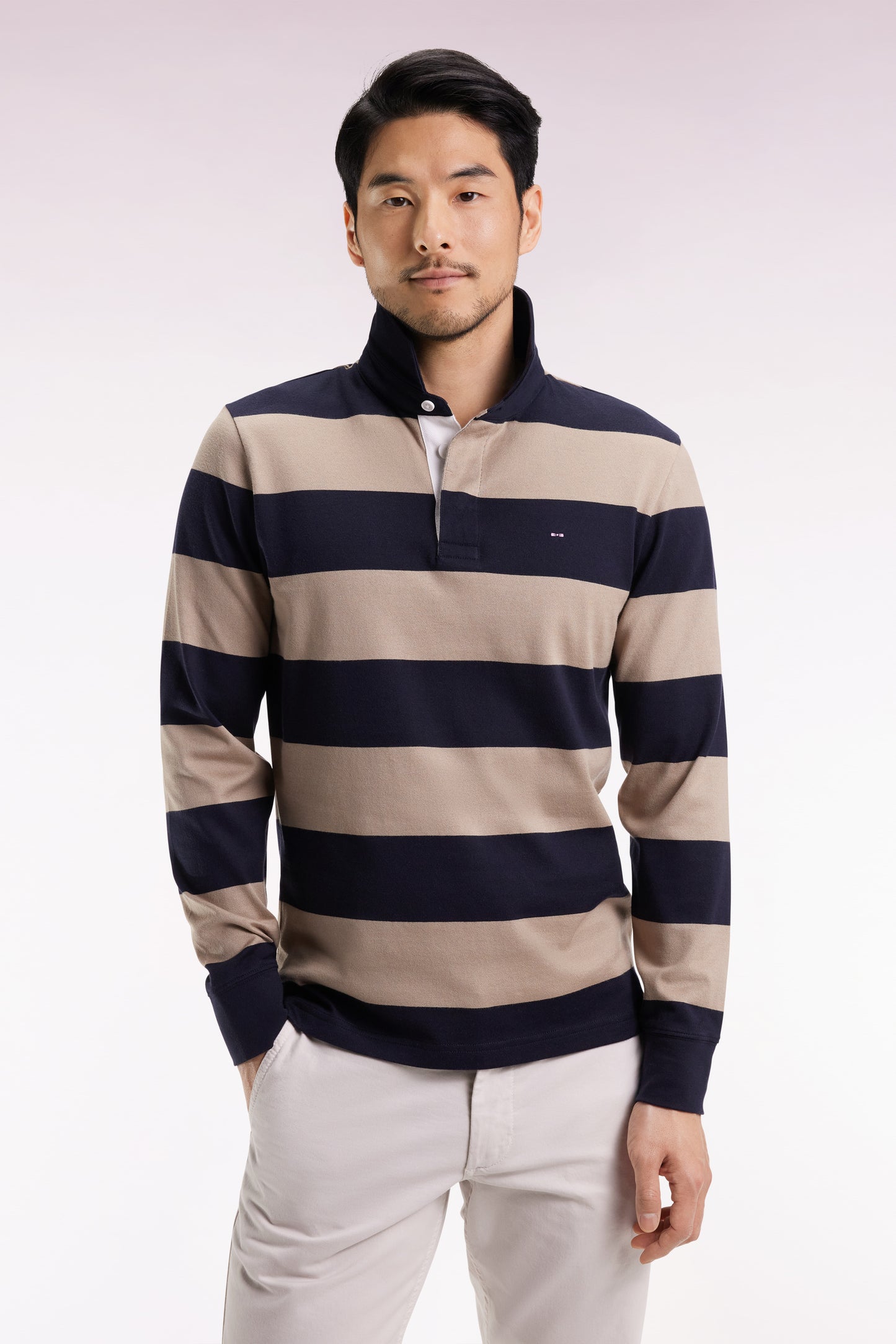 Maillot manches longues en jersey à rayures rugby beige et noir