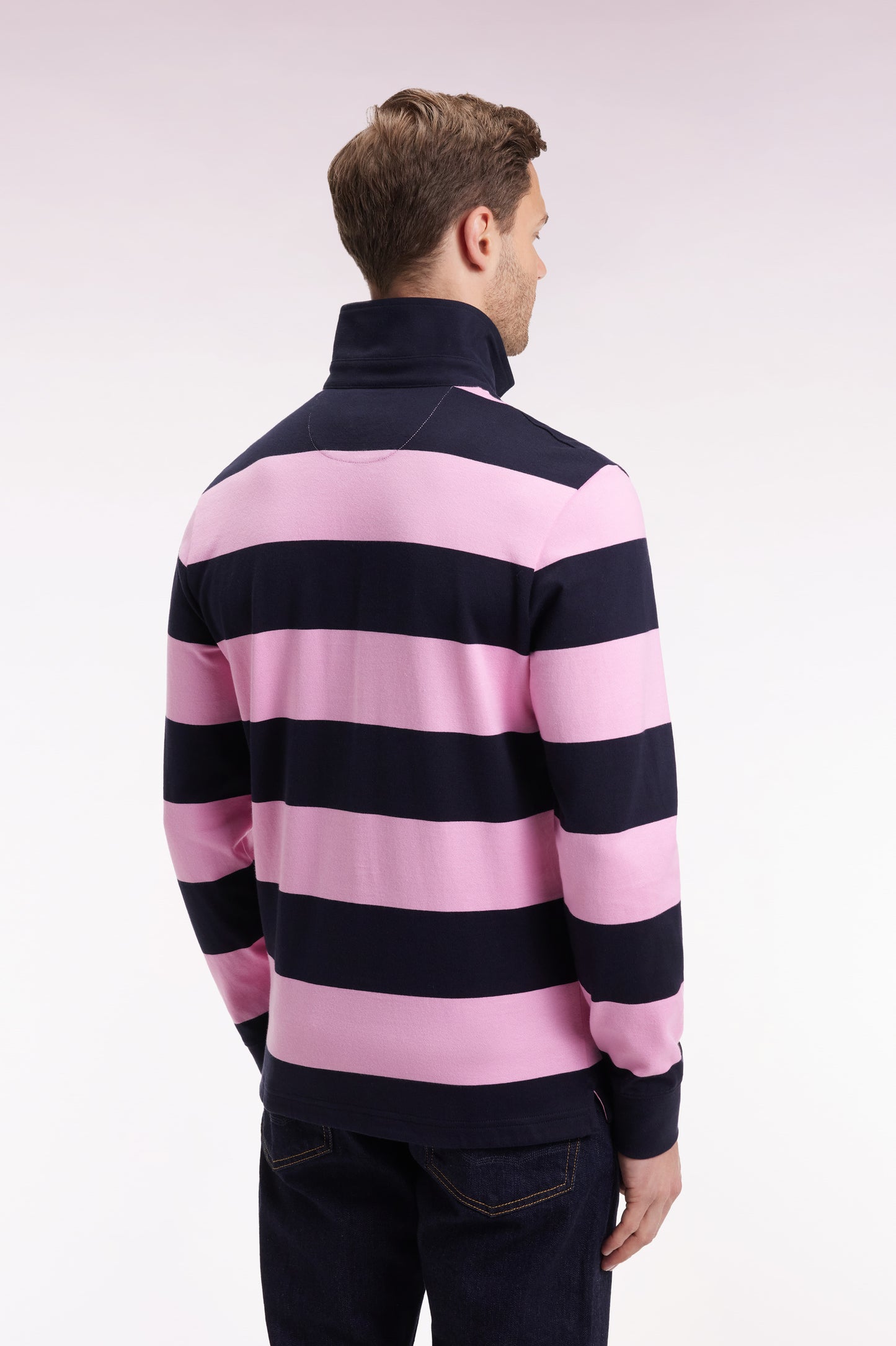 Maillot manches longues en jersey à rayures rugby rose et marine