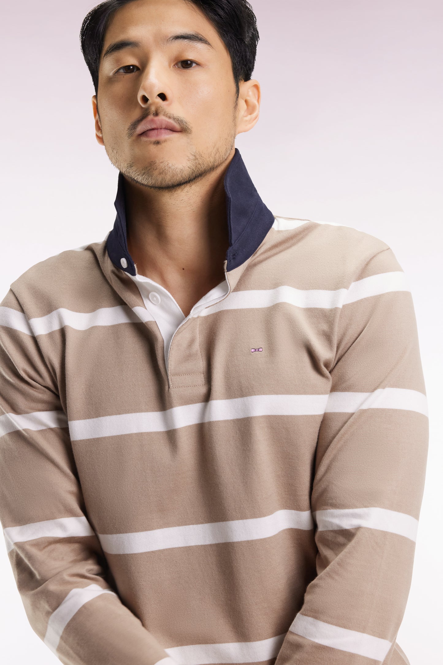 Maillot manches longues en jersey de coton beige à rayures blanches