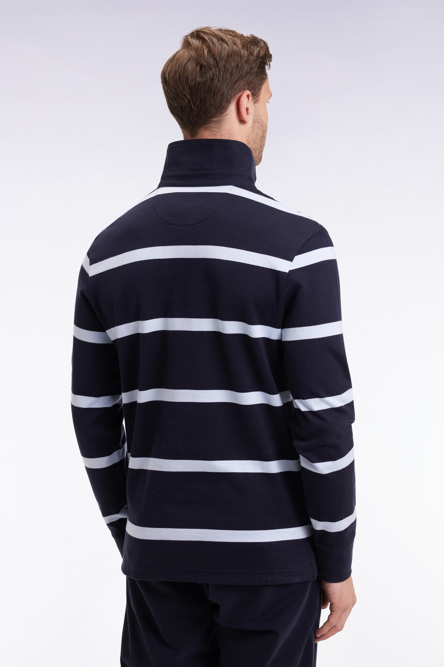 Maillot manches longues en jersey de coton marine à rayures ciel