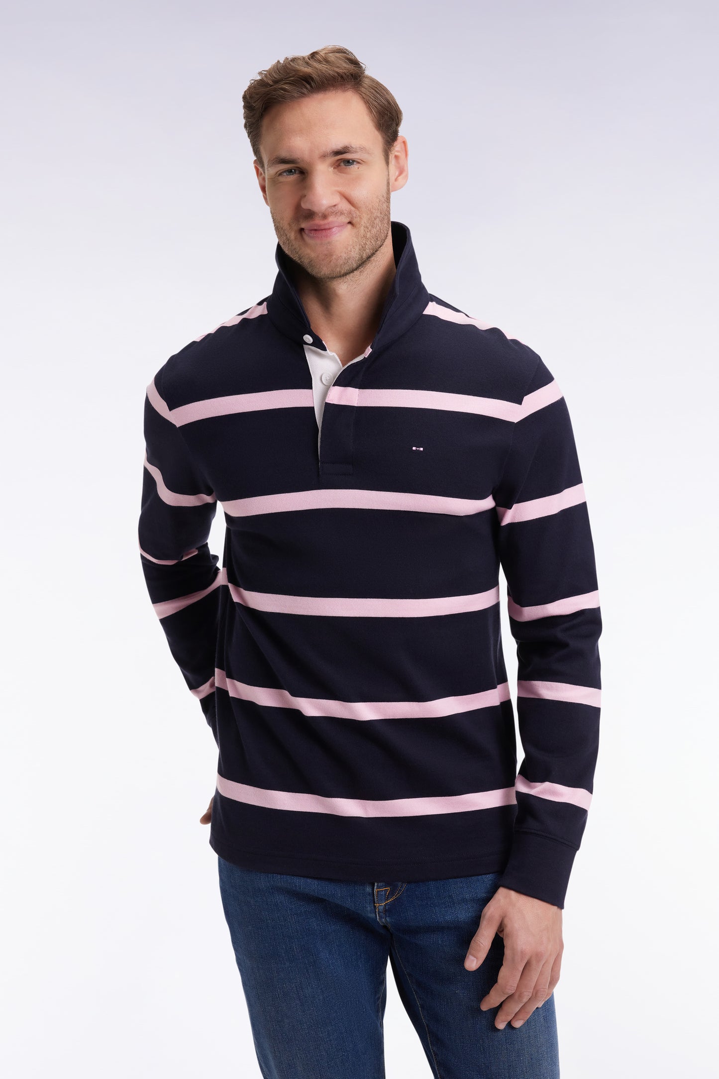 Maillot manches longues en jersey de coton marine à rayures roses