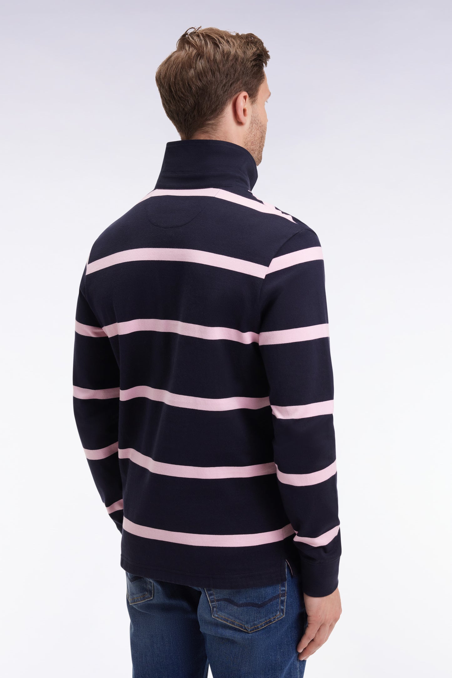 Maillot manches longues en jersey de coton marine à rayures roses