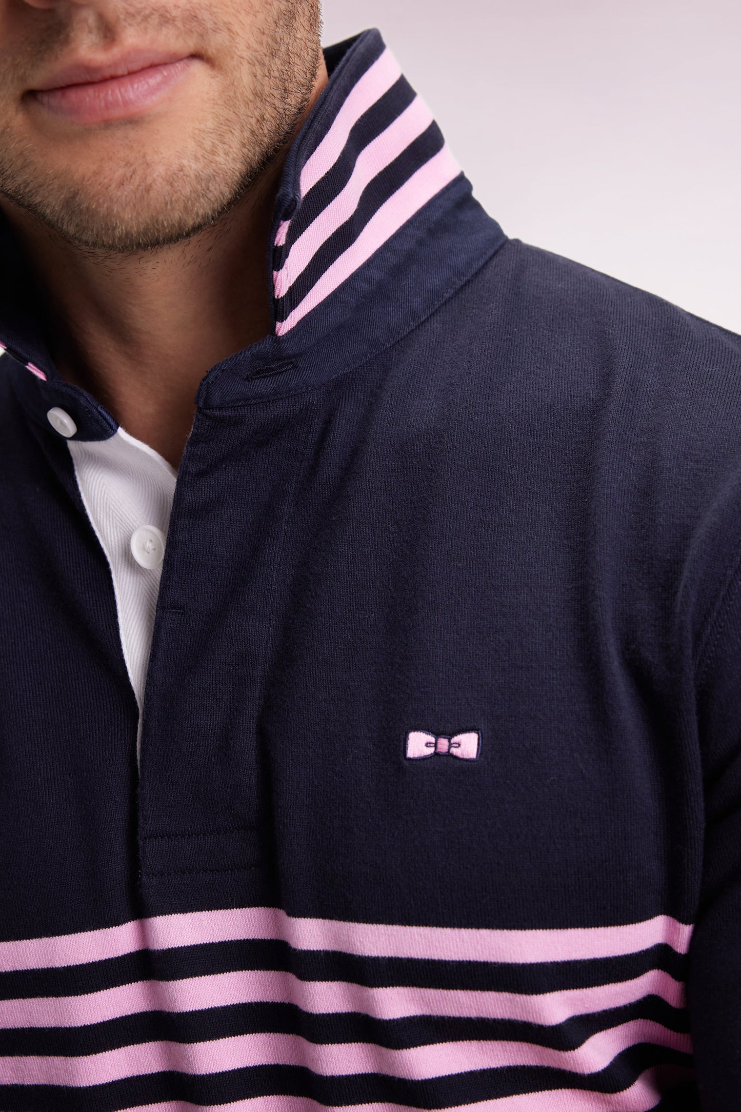 Long-sleeved jersey in thick navy striped straight cut