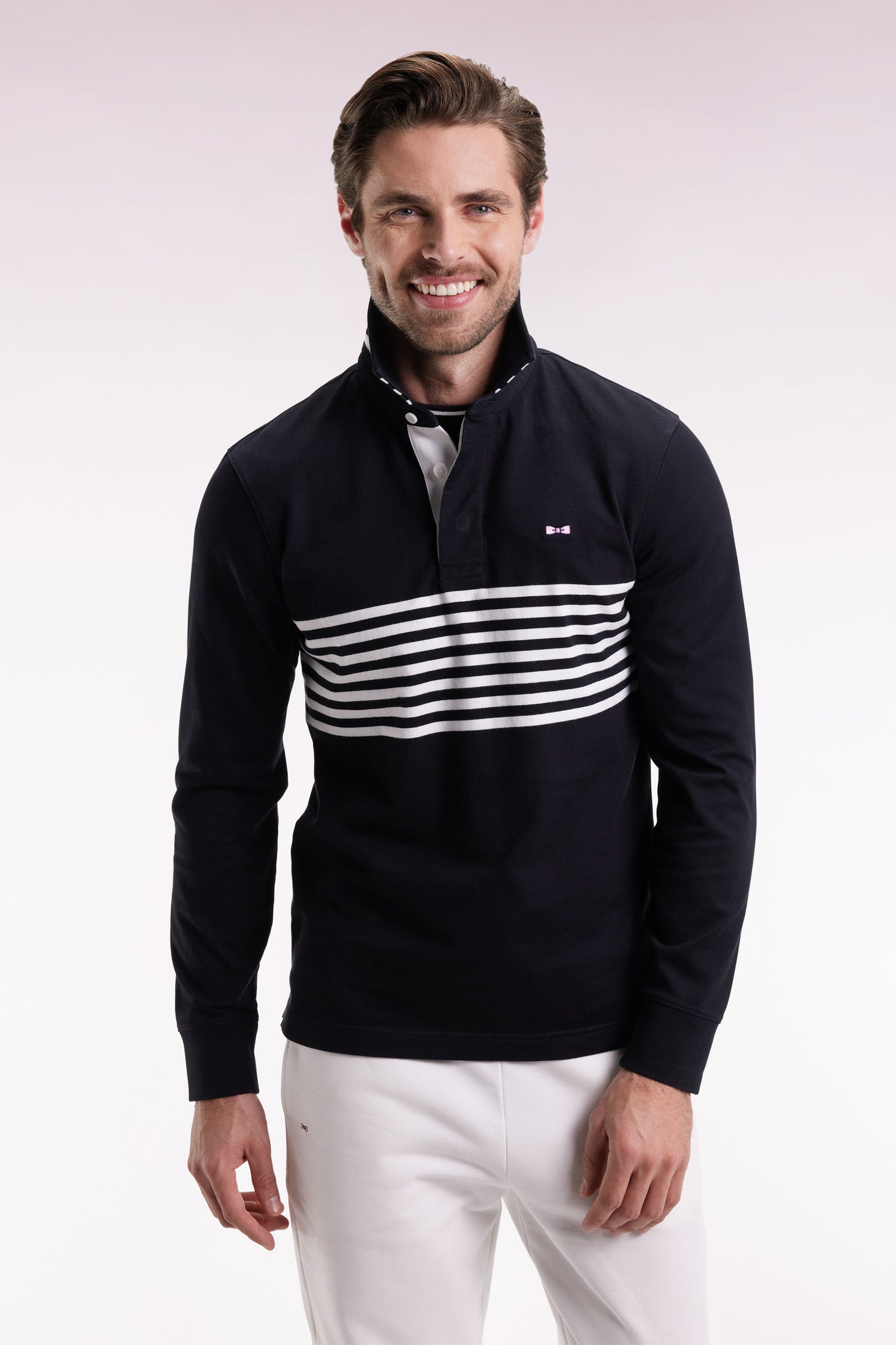Long-sleeved jersey in thick black striped straight cut