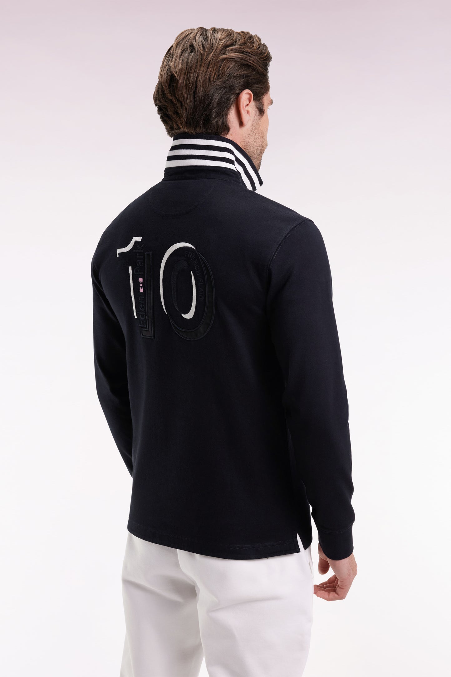 Long-sleeved jersey in thick black striped straight cut