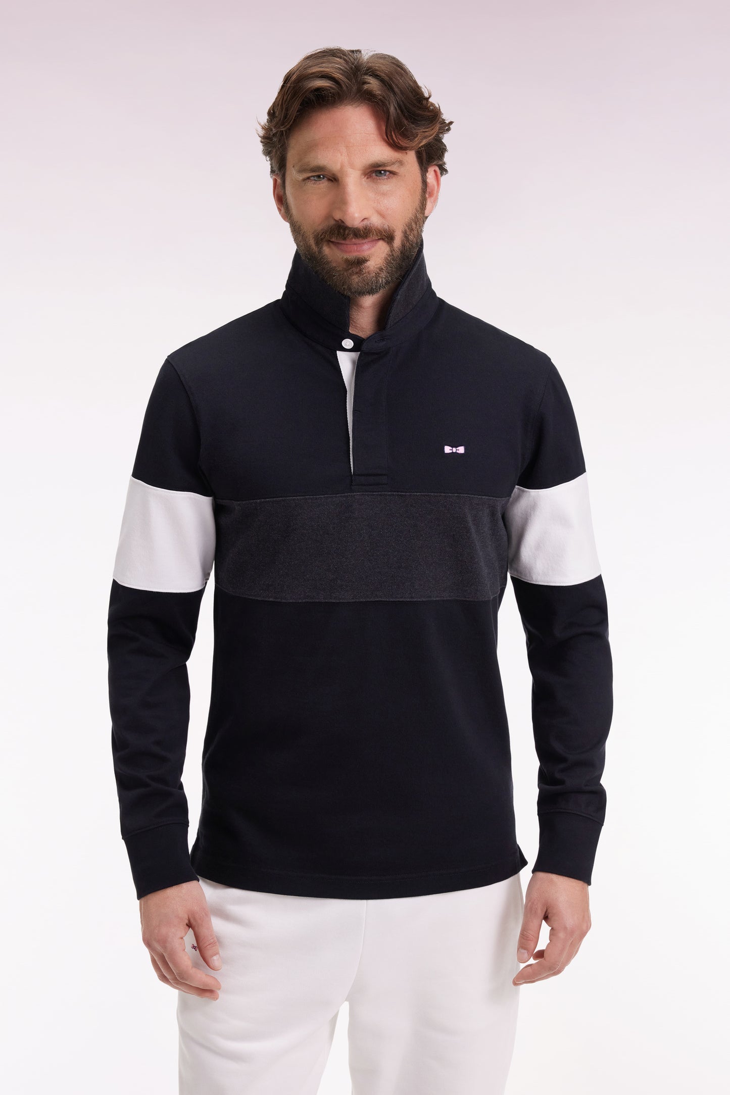 Maillot à manches longues en jersey épais noir broderie dos coupe droite