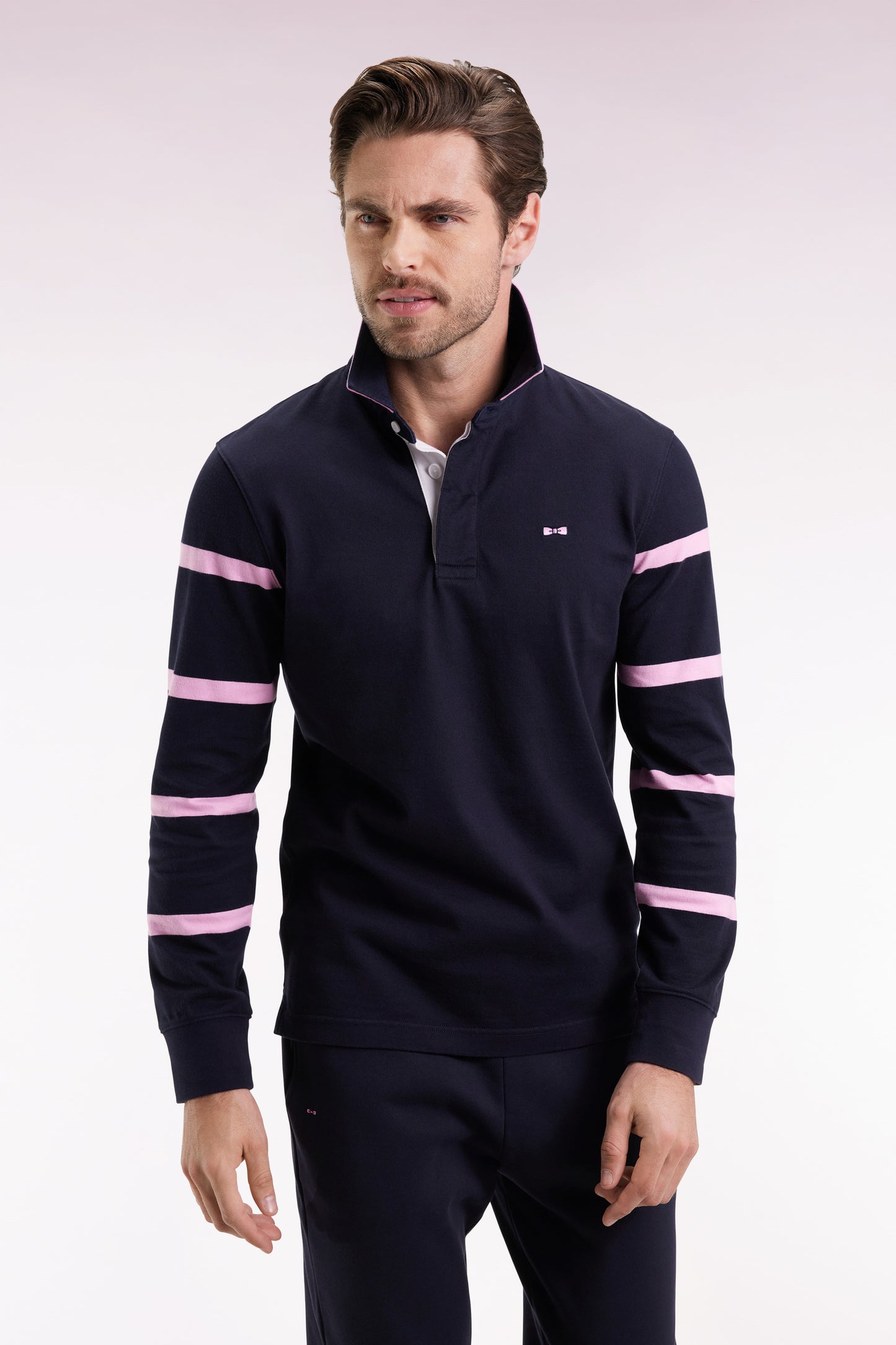 Long-sleeved jersey in thick navy jersey with striped straight-cut sleeves