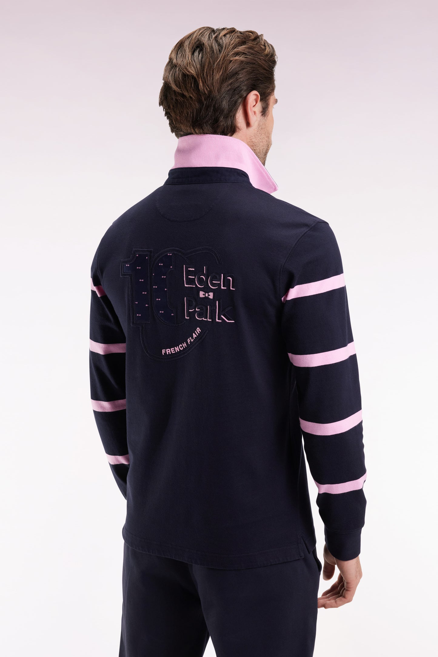 Long-sleeved jersey in thick navy jersey with striped straight-cut sleeves
