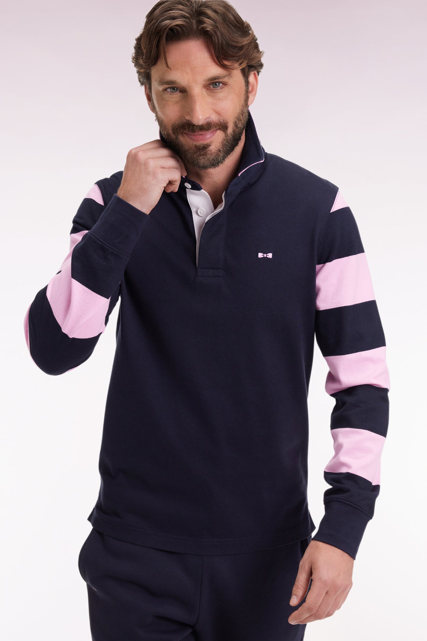 Striped navy fleece long-sleeved jersey, straight cut