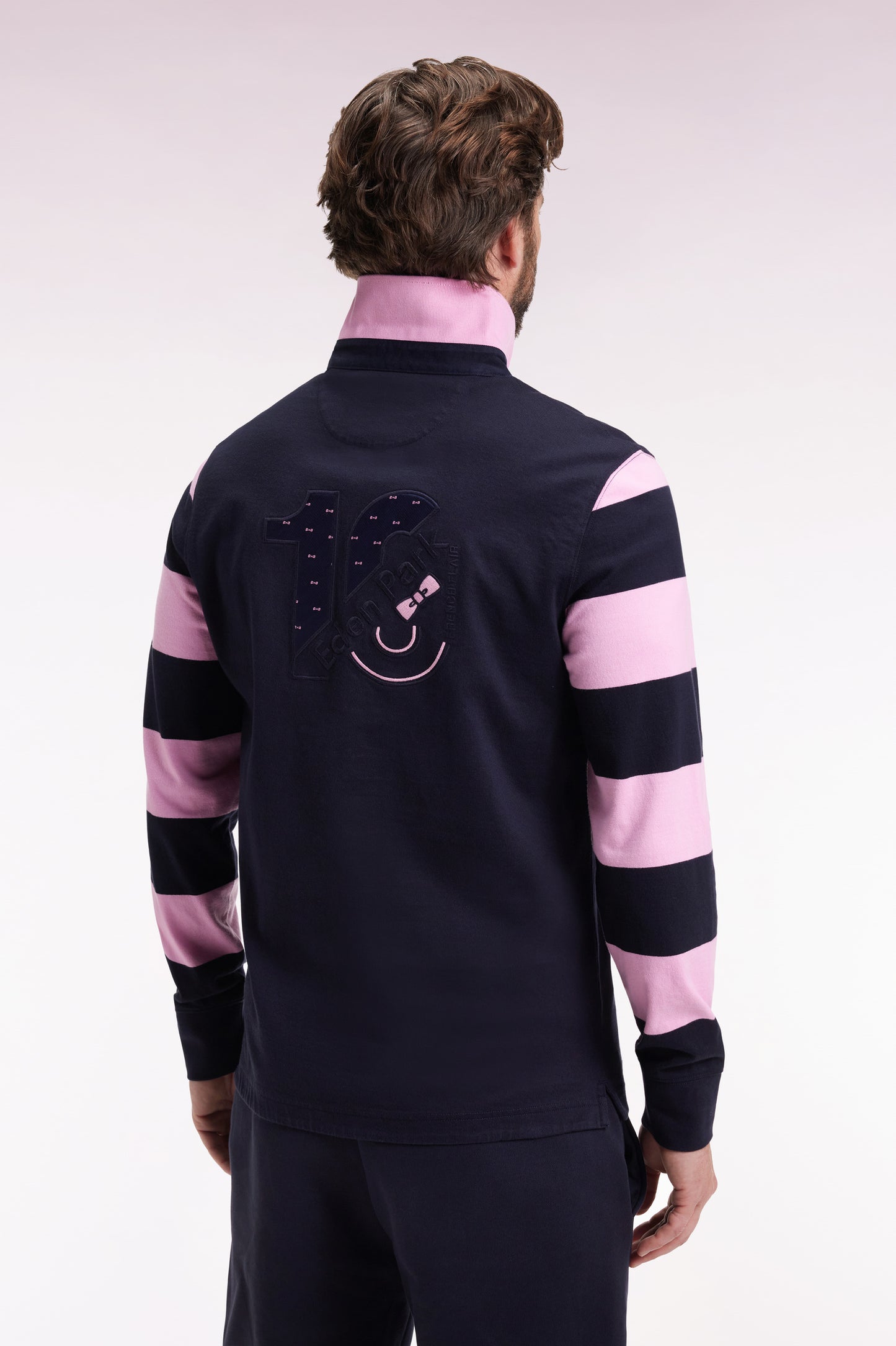 Striped navy fleece long-sleeved jersey, straight cut