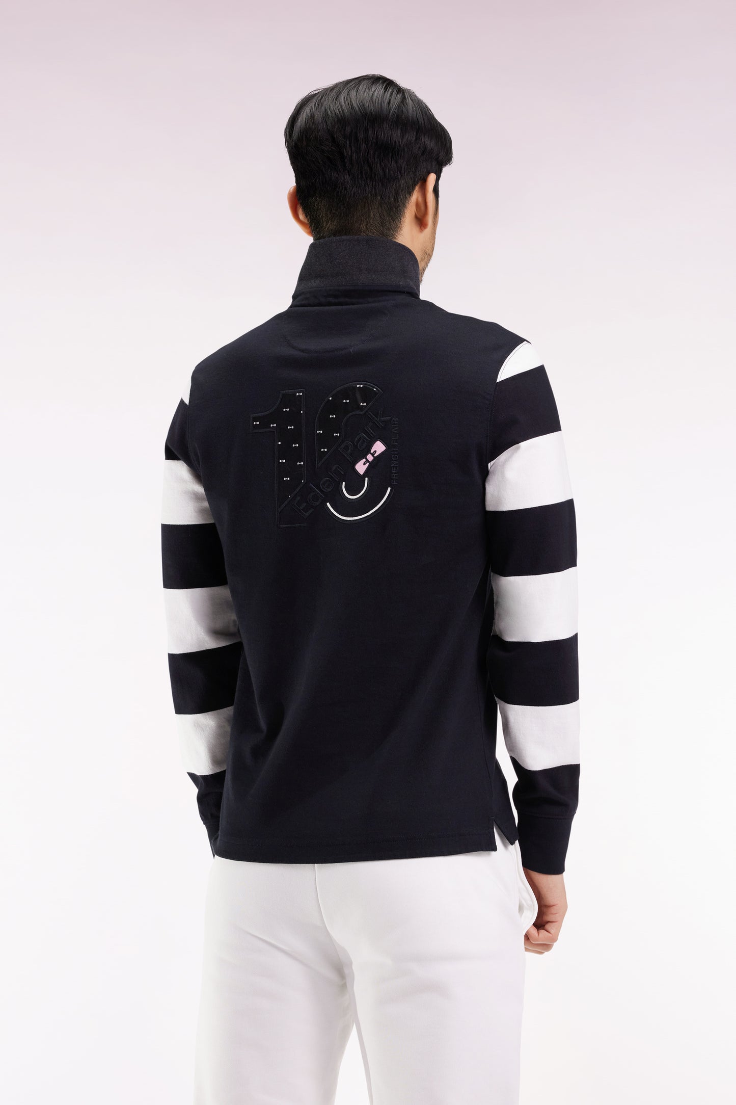 Long-sleeved striped jersey in black fleece, straight cut