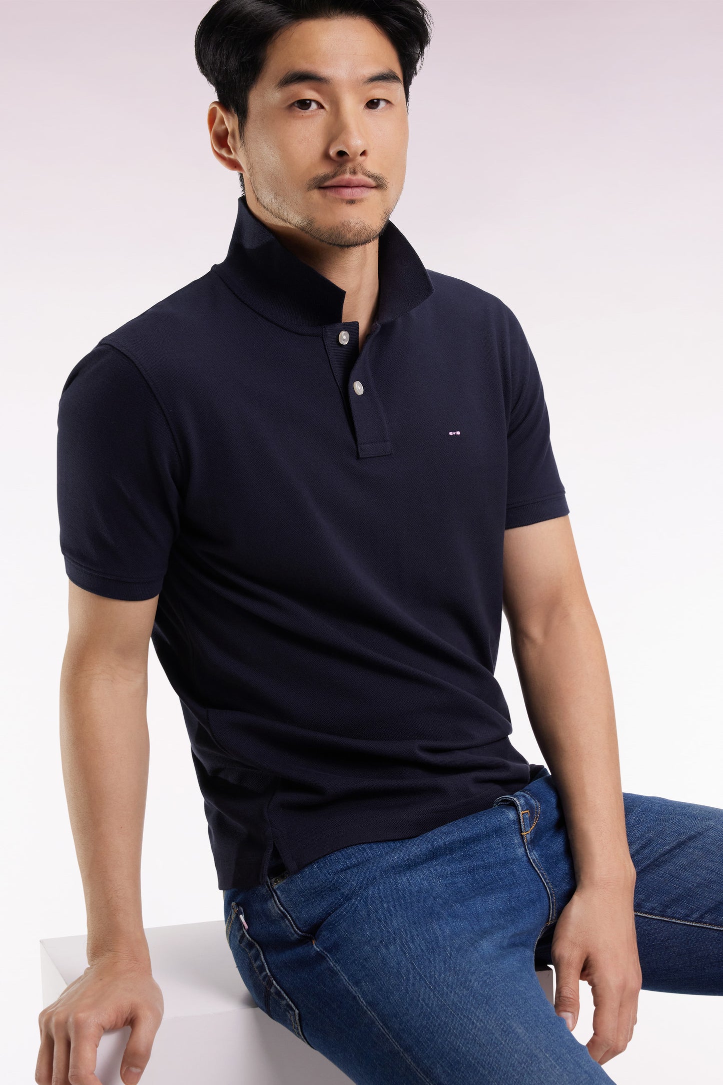 Polo manches courtes en coton Pima marine coupe droite
