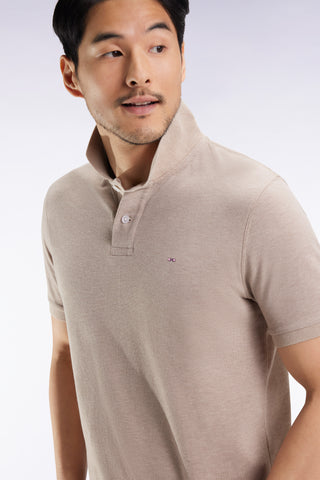 Short-sleeved polo shirt in beige mottled cotton, straight cut
