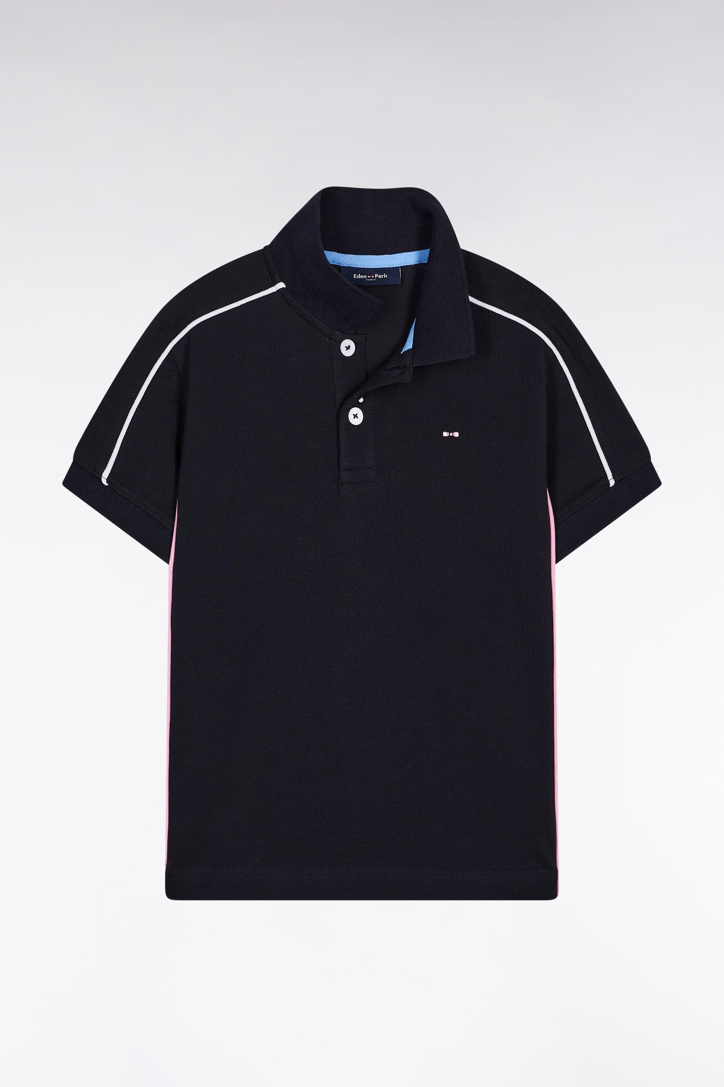 Polo manches courtes en coton marine passepoils blancs coupe droite