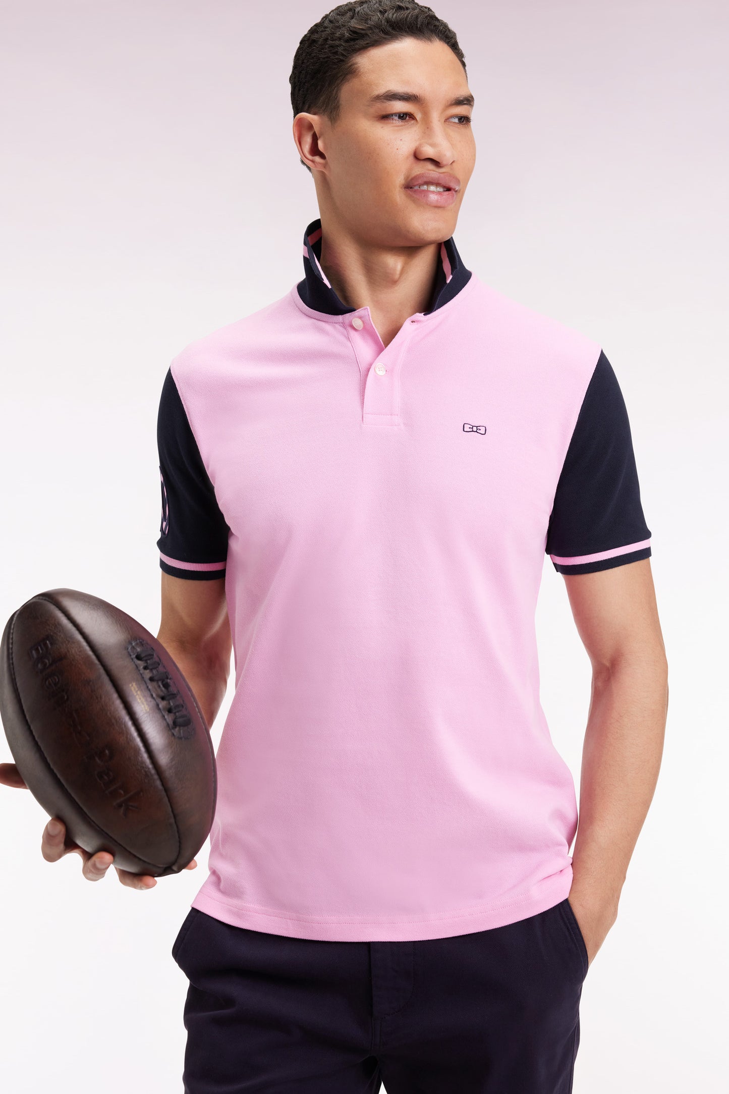 Polo bicolore à manches courtes en coton rose broderie 10
