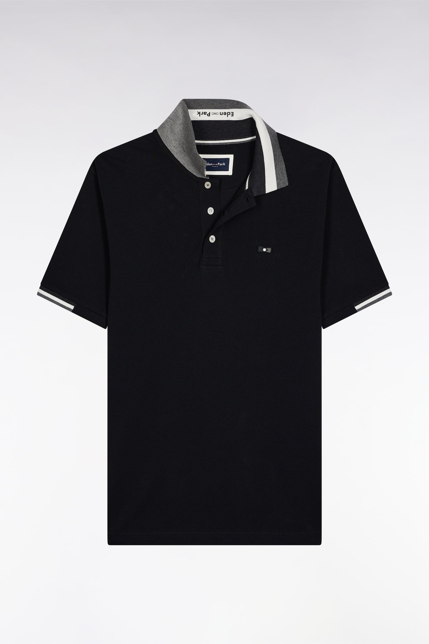 Polo manches courtes en coton noir détails tricolores coupe ample