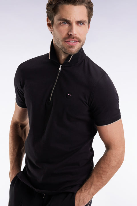 Polo manches courtes en piqué coton stretch noir zippé coupe slim - Image 1