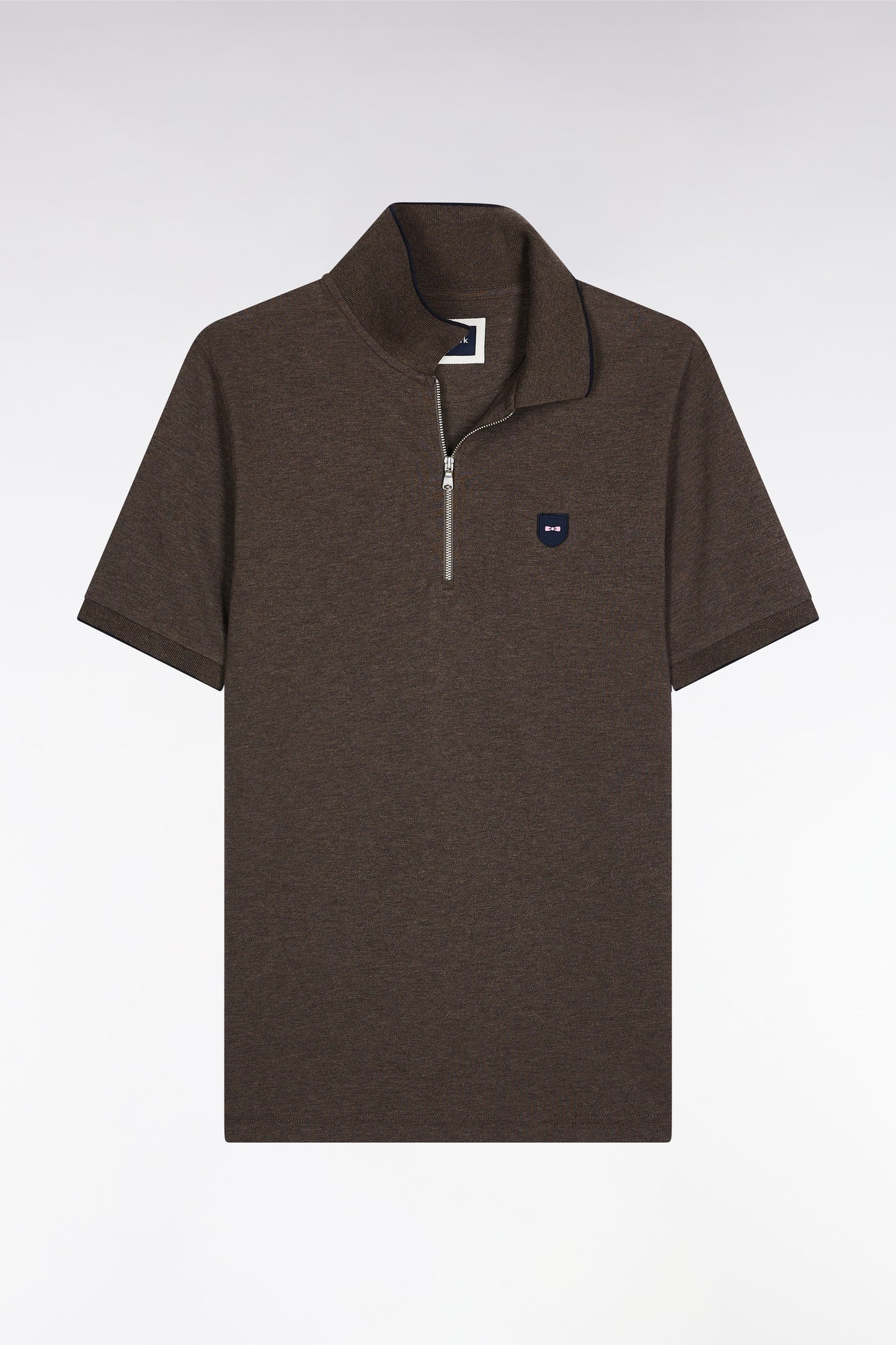 Polo manches courtes en piqué coton stretch marron zippé coupe slim