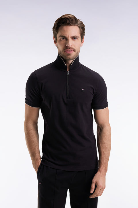 Polo manches courtes en piqué coton stretch noir zippé coupe slim - Image 1