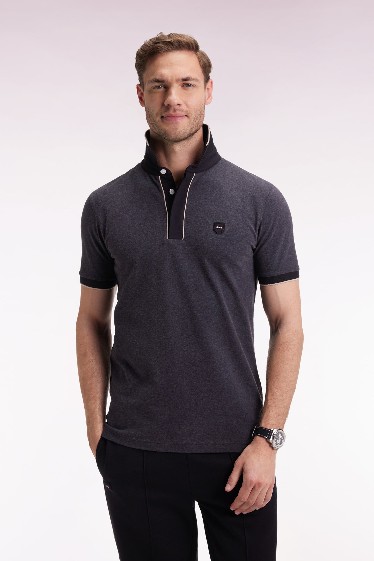 Short-sleeved polo shirt in grey stretch cotton piqué, slim fit
