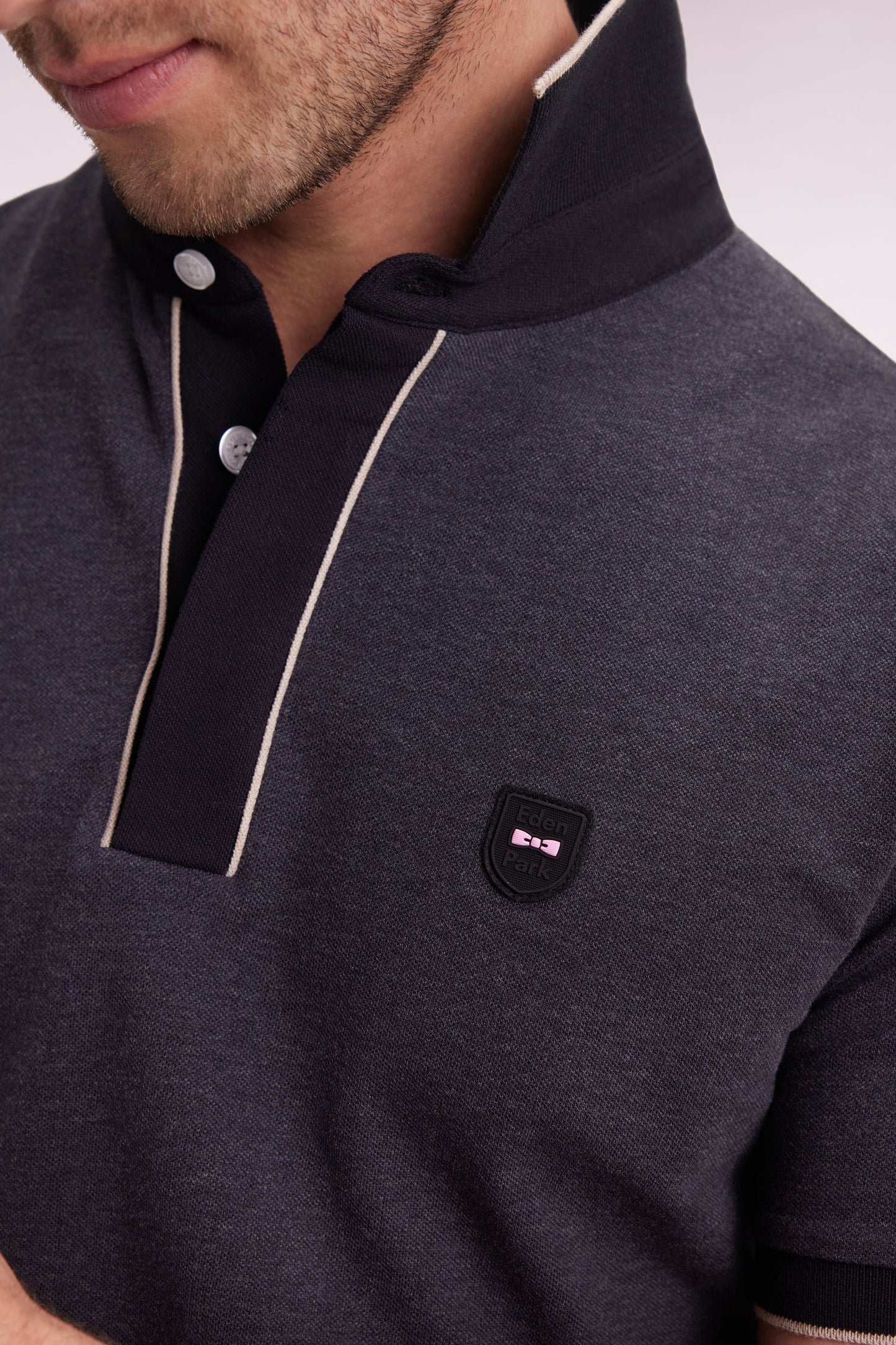 Short-sleeved polo shirt in grey stretch cotton piqué, slim fit