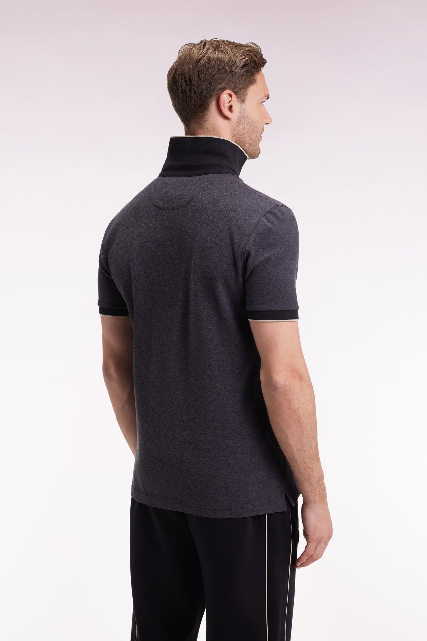 Short-sleeved polo shirt in grey stretch cotton piqué, slim fit