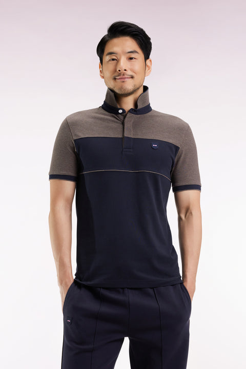 Polo bicolore manches courtes en piqué coton stretch marine coupe slim - Image 3