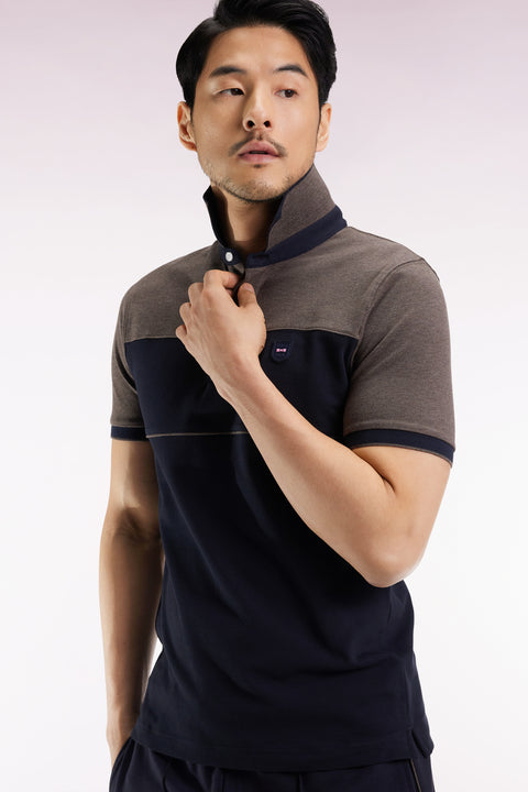 Polo bicolore manches courtes en piqué coton stretch marine coupe slim - Image 1