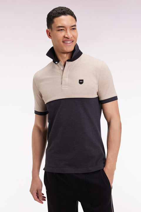 Polo bicolore manches courtes en piqué coton stretch gris foncé coupe slim - Image 1