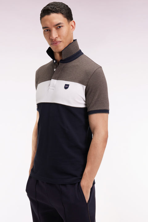 Polo tricolore manches courtes en piqué coton stretch marron coupe slim - Image 1