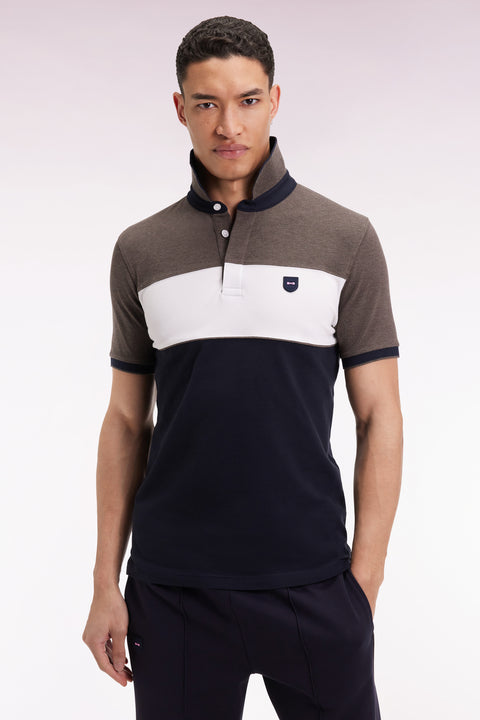 Polo tricolore manches courtes en piqué coton stretch marron coupe slim - Image 3