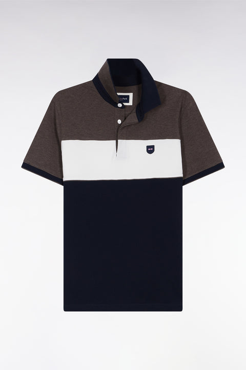 Polo tricolore manches courtes en piqué coton stretch marron coupe slim - Image 2