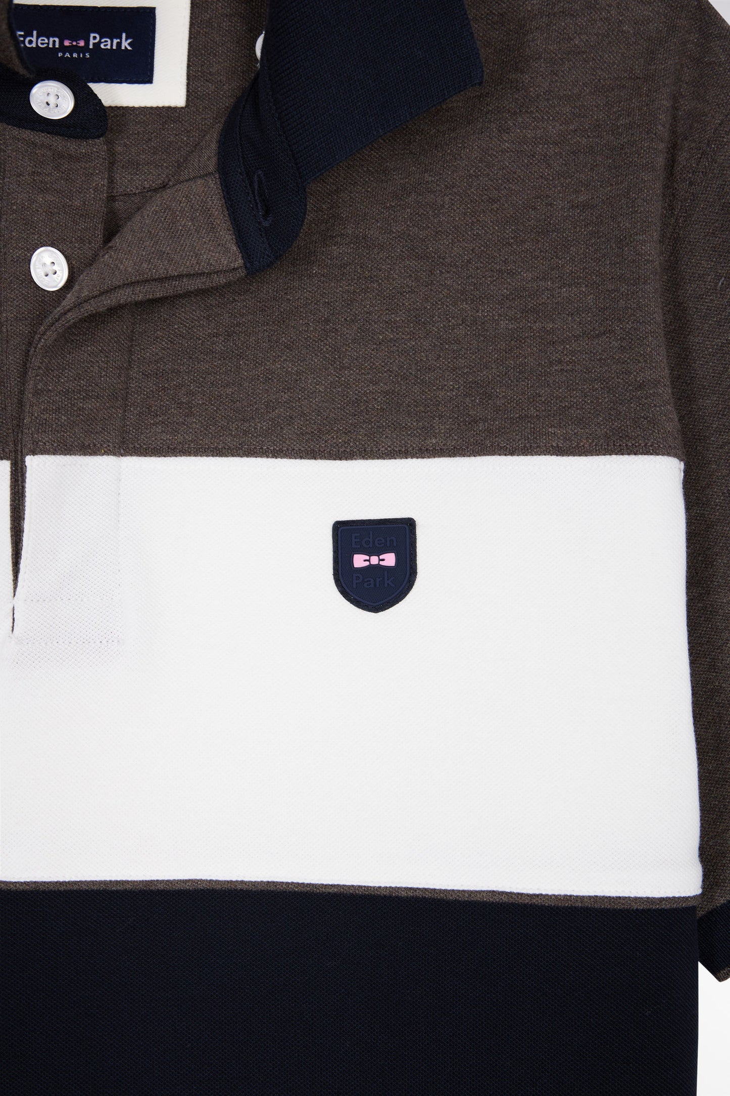 Three-tone short-sleeved polo shirt in brown stretch cotton piqué, slim fit