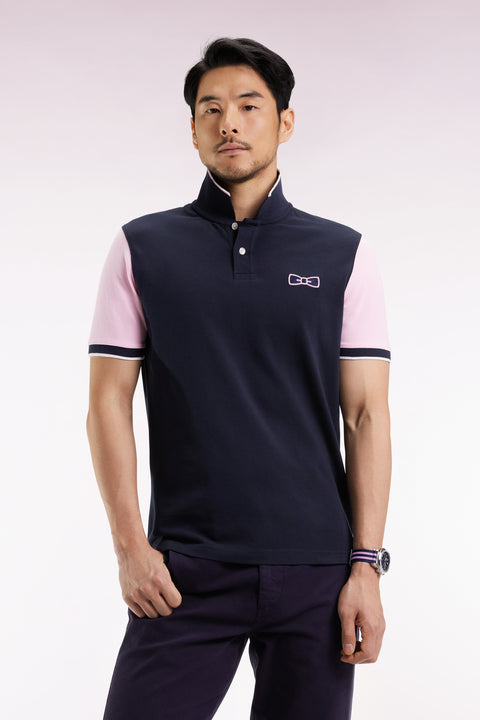 Navy cotton piqué polo shirt, short sleeves, straight cut - Image 3