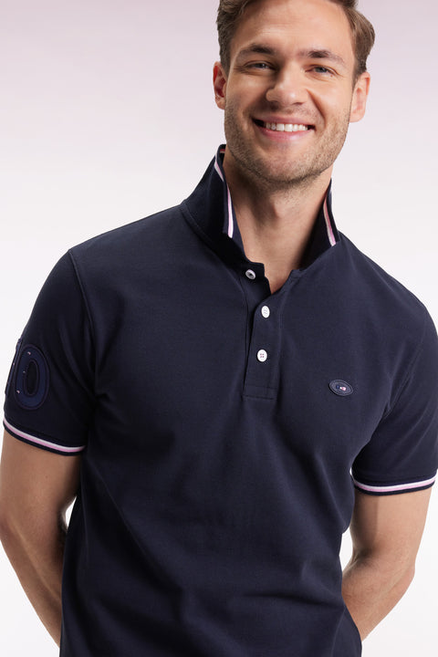 Short-sleeved navy polo shirt with tricolored trim, straight cut - Image 1