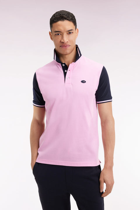 Polo manches courtes rose et marine finitions tricolores coupe droite - Image 1