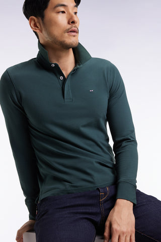 Polo à manches longues en coton stretch vert bouteille coupe slim