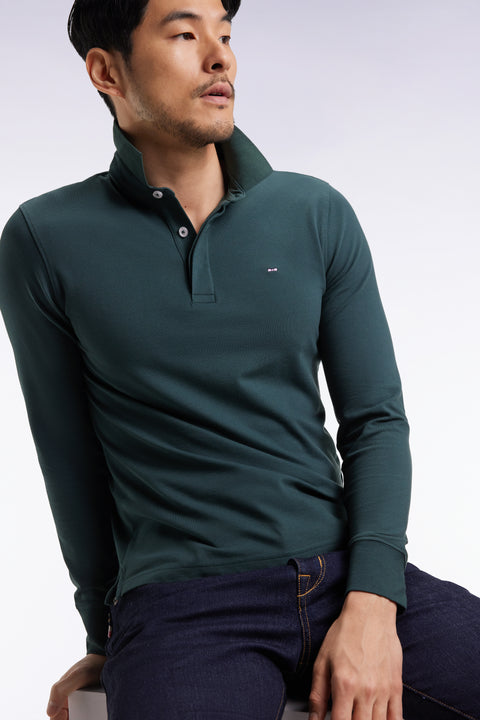 Polo à manches longues en coton stretch vert bouteille coupe slim - Image 1