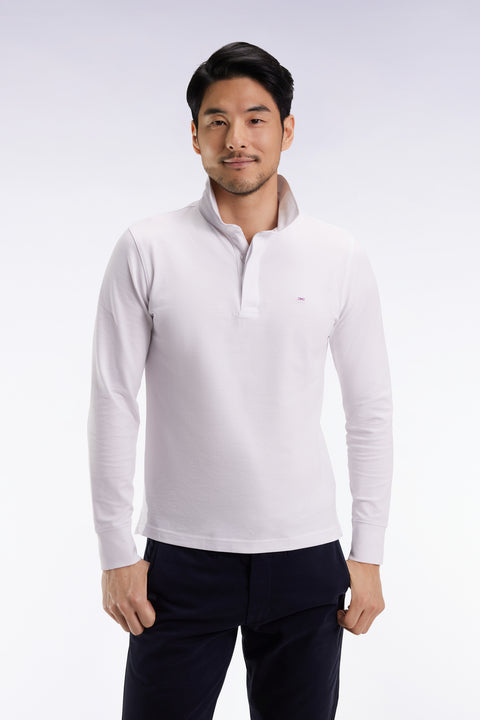 Polo à manches longues en coton stretch blanc coupe slim - Image 1